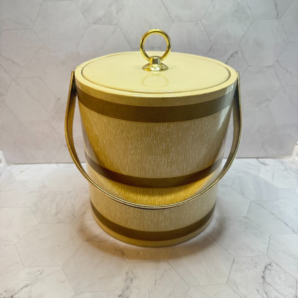 Vintage Culver Ice Bucket MCM Ecru w/Lid & Handle Barware Retro 70s 80s in EUC